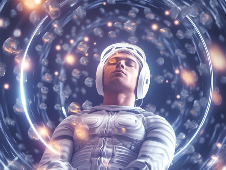 Astronaut in outer space with glowing lights. 3d renderingの素材