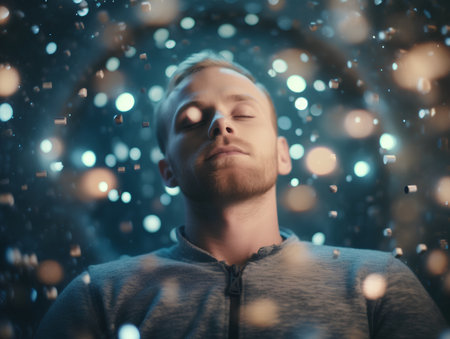 Portrait of young man with beard and christmas lights on backgroundの素材