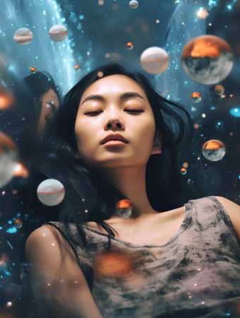 Beautiful asian woman in space with planets, stars and nebulaの素材