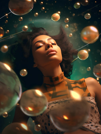 Fashion shot of a beautiful african american woman surrounded by bubbles.の素材