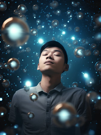 Young asian man looking at bubbles in the air with blue backgroundの素材