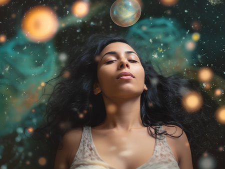 Portrait of beautiful brunette woman with planet and falling snow.の素材