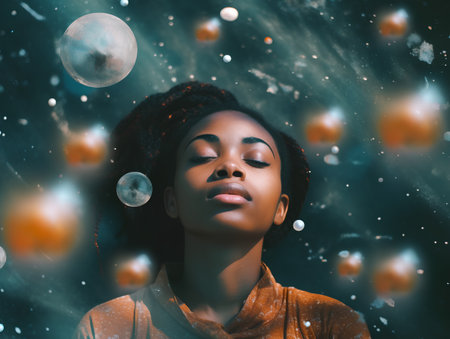 Beautiful african american woman in moonlight with stars on backgroundの素材
