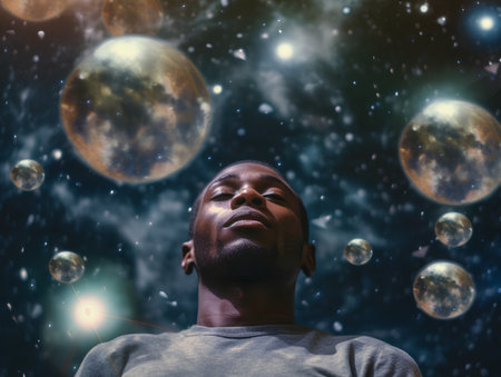 Portrait of a dark-skinned man in a gray T-shirt against the background of outer space.の素材