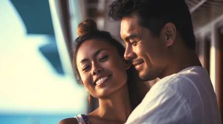 Portrait of a happy young couple hugging and smiling at the beachの素材
