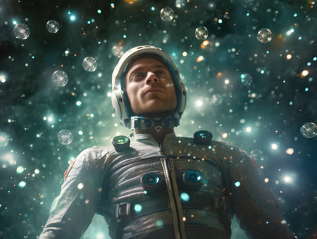Astronaut in outer space with stars and planets in the backgroundの素材