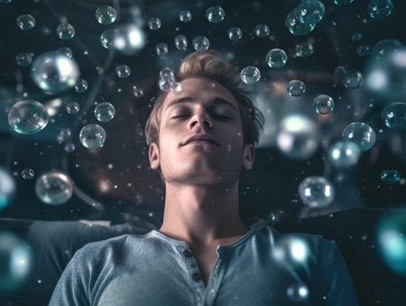 Young man with soap bubbles in his hand relaxing on sofa at nightの素材