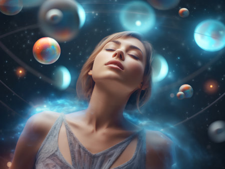 Image of young beautiful woman surrounded by planets and stars. Space conceptの素材