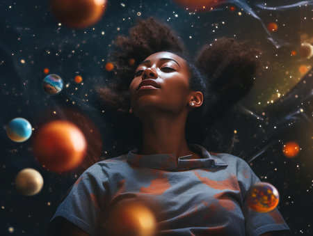 Beautiful young african american woman with afro hairstyle in t-shirt posing with planets and stars.の素材