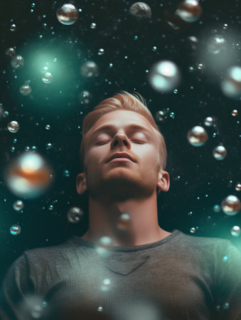 Handsome young man blowing soap bubbles on dark background with starsの素材
