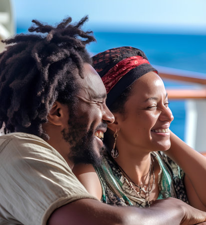 Portrait of happy afro american couple in love on cruise shipの素材
