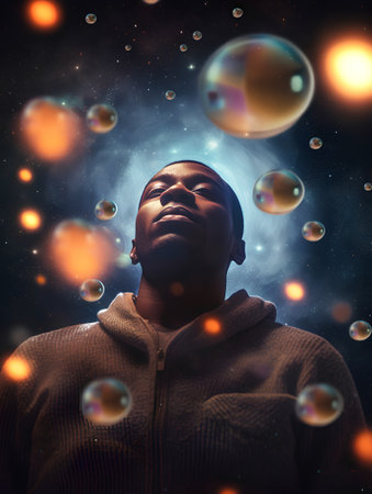Black man in a dark room with planets and stars in the backgroundの素材