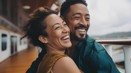 Happy african american couple laughing and hugging on a cruise shipの素材