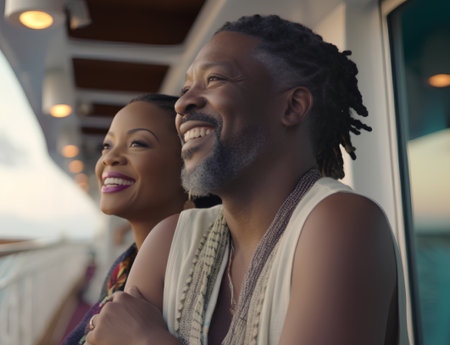 Portrait of happy african american couple on cruise ship.の素材