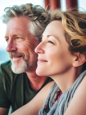 Portrait of smiling senior couple embracing each other and looking away outdoorsの素材