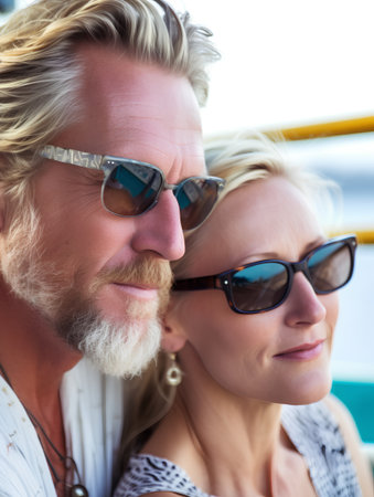 Portrait of happy mature couple on cruise ship looking at each otherの素材