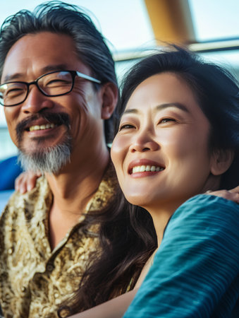 Happy asian senior man and woman sitting on sofa in living room at homeの素材