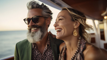 Portrait of a happy mature couple in sunglasses on a cruise shipの素材