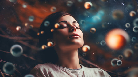Beautiful young woman with closed eyes and dreamy expression over abstract background.の素材