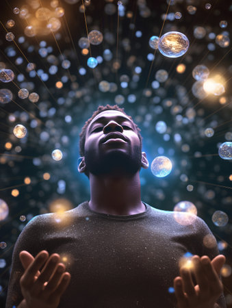 Young black man with glowing lights on background. 3D rendering.の素材