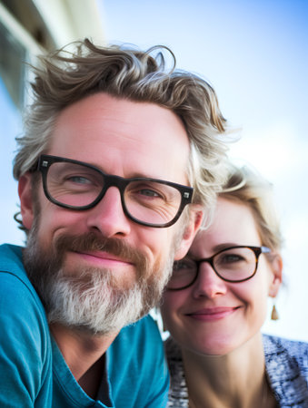 Portrait of happy senior couple with eyeglasses against blue skyの素材