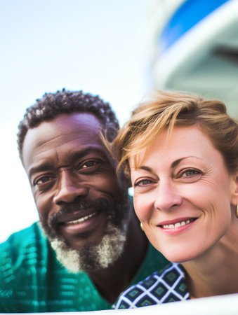 Portrait of a mature African-American couple smiling at the camera.の素材