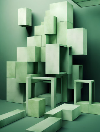 Abstract composition of geometric shapes, 3d render, green wall backgroundの素材