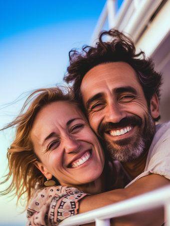 Portrait of a happy young couple on a yacht at the beachの素材
