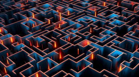 Futuristic abstract 3d illustration of a maze with glowing linesの素材