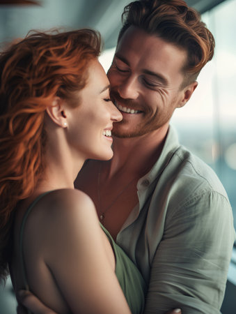 Beautiful young couple is hugging and smiling while standing together in cafeの素材
