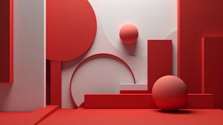 3d render of abstract minimal geometric forms. Glossy red podium for your design.の素材