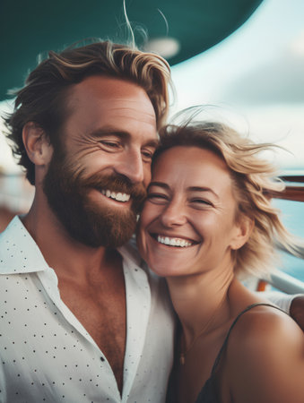 Portrait of a happy young couple in love hugging and smiling while standing on a cruise shipの素材