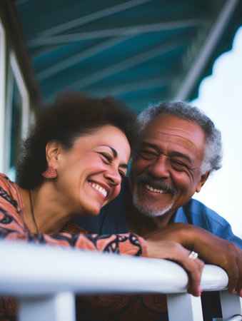 Portrait of happy senior African American couple hugging. Mature man and woman looking at camera and smiling.の素材