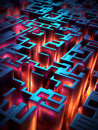 3d illustration of abstract geometric composition with glowing cubes in the centerの素材