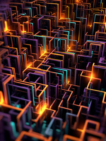Abstract 3d illustration of glowing square maze. Conceptual image for game design.の素材