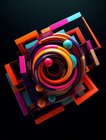 3d illustration of abstract geometric composition with colorful cubes and spheres.の素材