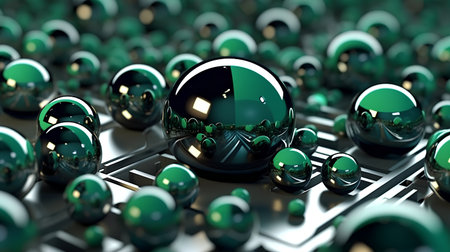 Abstract 3d illustration of a circuit board with green spheres inside.の素材