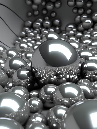 3d illustration of metallic spheres in black and white background with reflectionの素材