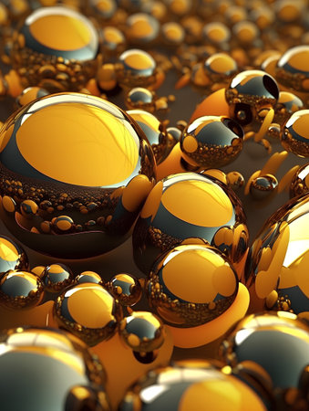 3d illustration of abstract geometric composition with spheres in yellow and blackの素材