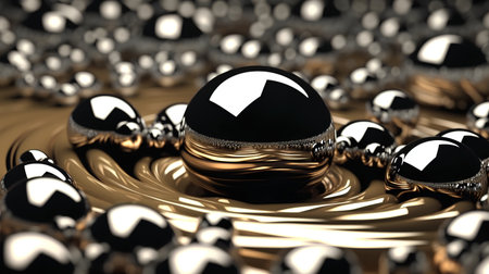 3d illustration of golden background with black spheres in the middle.の素材
