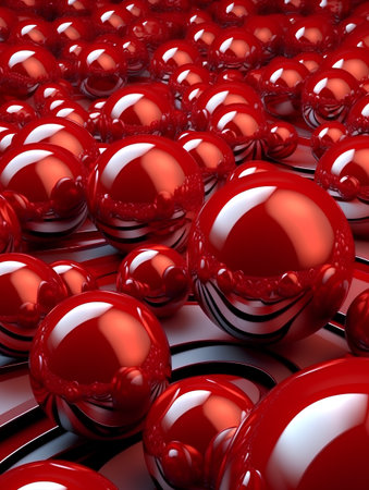 3D rendering of a group of red reflective spheres in a rowの素材