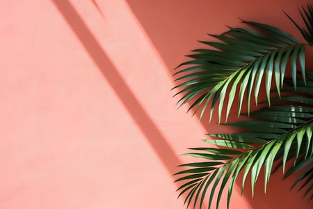 Tropical palm leaves on a pink wall with shadow from the sunの素材