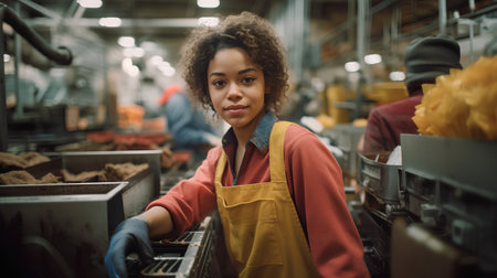 Portrait of a young African-American female worker in a warehouse.の素材