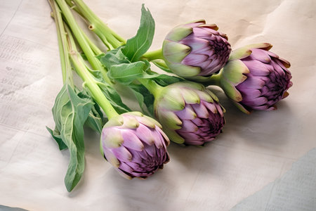 Artichoke flowers on a light background. Flat lay, top view.の素材