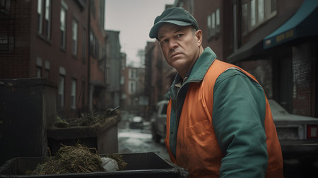 Handsome mature man in a cap and overalls with a trash can on the streetの素材