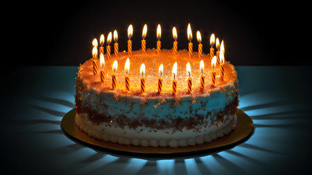 Birthday cake with burning candles on dark background. 3d illustrationの素材