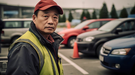 Portrait of an elderly Asian man wearing a red cap and yellow vest standing in front of a parking lot.の素材