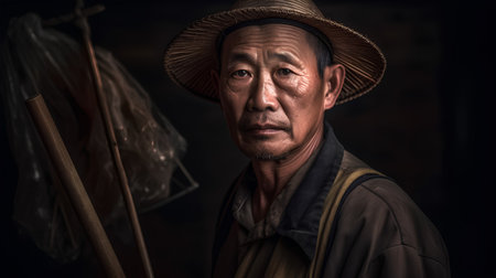 Asian old man wearing a straw hat with a big hat and looking at the camera.の素材