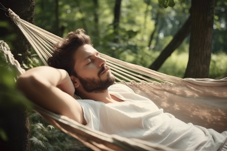 Young man relaxing in hammock in the summer forest, outdoor shotの素材