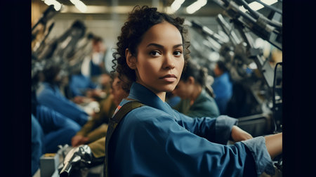 Portrait of young african american female mechanic in uniform looking at camera while standing in workshopの素材